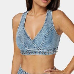bebe STUDDED DENIM TOP